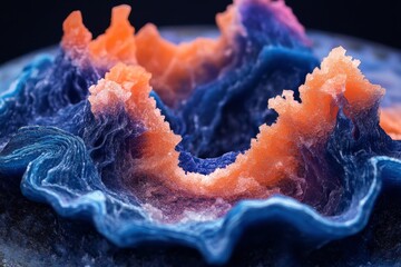 Poster - Colorful abstract sculpture representing waves crafted from layered materials with vibrant hues of blue and orange