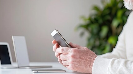 Senior man using smartphone, office background.  Stock photo for technology, communication
