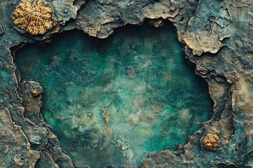 Poster - Intricate textures reveal a hidden turquoise pool embraced by weathered edges and marine life