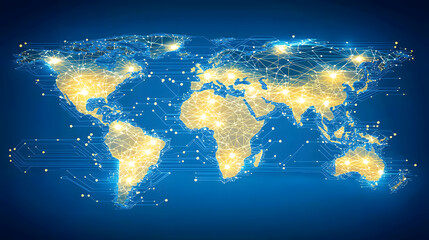 Poster - World map with interconnected network of dots representing global connections and locations