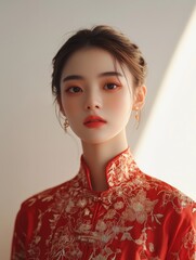 Elegant chinese woman in qipao celebrating chinese new year indoor portrait cultural fashion focus on traditional clothing