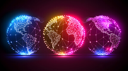 Poster - Three glowing globes with interconnected lines representing technology and communication
