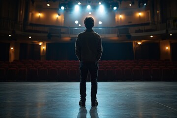 Aufkleber - Performing artist prepares for show in an empty theater with dramatic lighting
