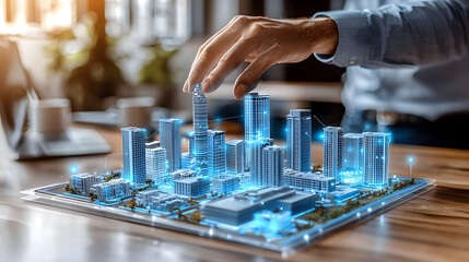 Poster - Person touching a scale model of a city layout with buildings and streets in a bright environment
