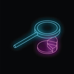 Poster - Neon magnifying glass analyzing a section of a pie chart, representing market analysis, financial audit, and business strategy