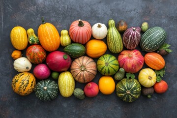 Aufkleber - Colorful assortment of various pumpkins and gourds displayed on a dark surface showcasing autumn harvest