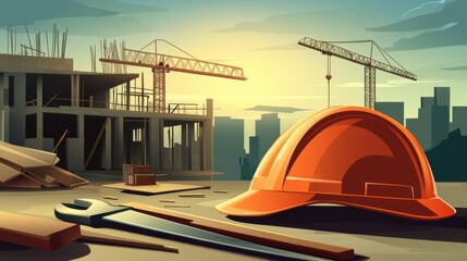 Wall Mural - Construction site at sunset with tools, helmet, and cranes against a city skyline