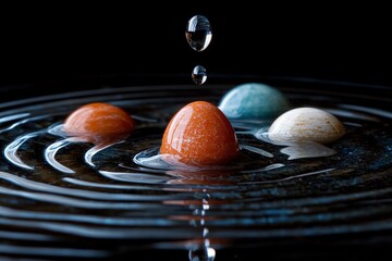 Poster - Colorful stones create ripples in water as a droplet falls in a serene moment of nature's beauty