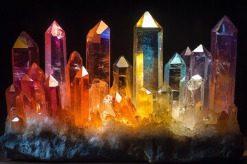 Poster - Colorful crystals illuminated by light in a dark setting, showcasing natural beauty and intricate formations
