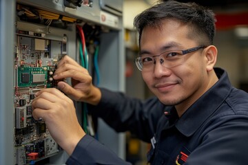 Aufkleber - Technician repairing electronic equipment in a modern workshop during daytime