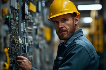 Fototapete - Skilled technician working on electrical equipment in a modern facility during evening hours
