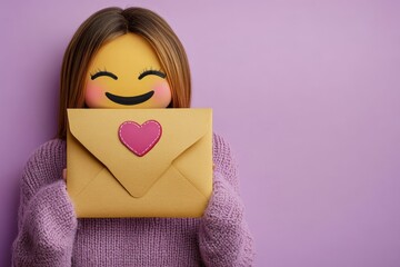 Young woman with emoji mask holding a love letter against a purple background