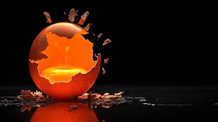 Poster - Unique orange egg with a vibrant interior rests amidst shattered shell fragments on a reflective surface. Generative AI