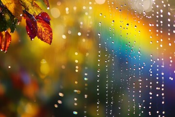 Poster - Raindrops on colorful leaves creating a serene atmosphere in a vibrant autumn setting