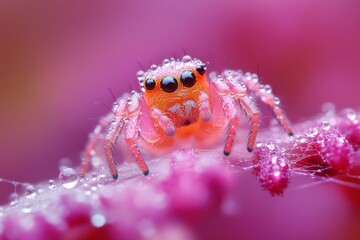 Poster - Close-up view of a colorful spider resting on a flower covered in dew droplets in a vibrant garden during early morning