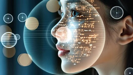 Poster - A close view of a woman's face showcasing advanced facial recognition technology that raises questions about privacy and ethics