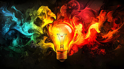 Poster - Light bulb surrounded by colorful smoke creating an artistic effect and vibrant atmosphere