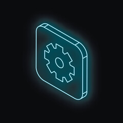 Poster - Glowing neon blue gear icon in rounded square representing settings, configuration, or maintenance on black background