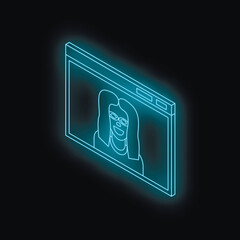 Poster - neon blue browser window displaying smiling woman with glasses, suggesting online communication, vid