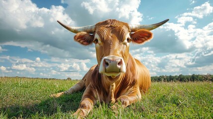 Poster - Resting comfortably on lush green grass, a majestic Texas Longhorn cow gazes calmly into the distance, framed by fluffy clouds and vibrant blue sky