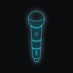 Poster - Glowing blue neon microphone on dark background representing music, podcast, or voice recording
