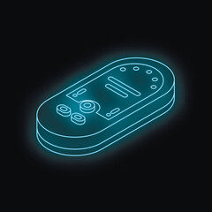 Poster - Neon blue isometric mobile phone glowing on dark background, representing future mobile technology