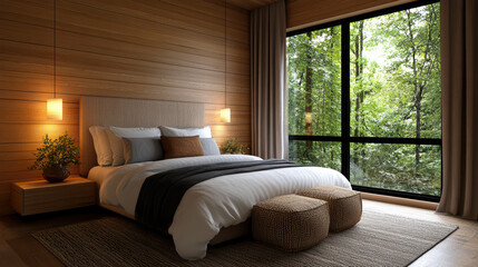 Wall Mural - Cozy bedroom with natural light, wooden walls, and soft textures