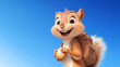 © Cherstva - Smiling cartoon chipmunk holding peanut and wearing backpack in front of clear blue sky copy space background