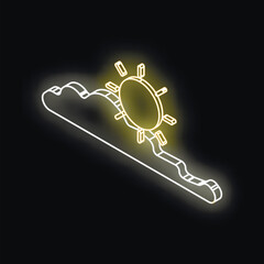 Poster - Neon yellow sun setting or rising behind white cloud in isometric view against black background, representing weather, forecast, and climate