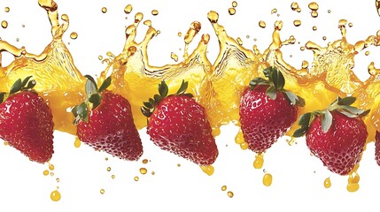 Wall Mural - Strawberries splashing in juice on white background, ideal for food and drink ads