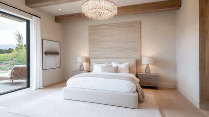 Wall Mural - Luxurious master bedroom with chandelier, plush bedding, and serene decor