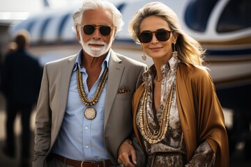 Fashionable mature couple adorned in luxury necklaces and sunglasses posing in front of a private jet, exuding a lavish lifestyle