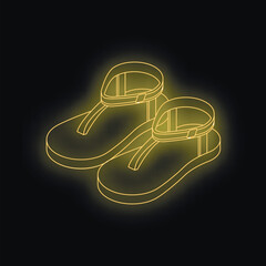 Poster - pair of yellow neon sandals glowing on a black background, representing summer fashion and nightlife