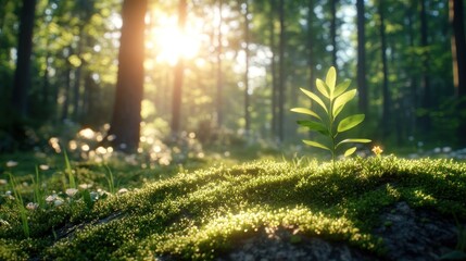 Wall Mural - Sunrise Forest Sapling Growth, Mossy Ground