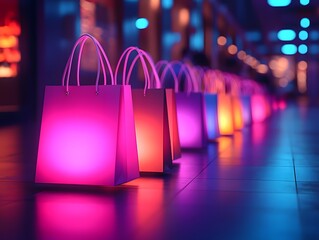 Poster - Glowing Products Filling Vibrant Shopping Bags in Animated Retail Environment for Business Sales