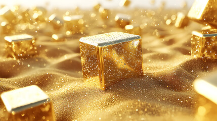 Poster - a collection of gold cubes arranged on a wooden table surface for decoration or artistic display