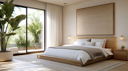 Wall Mural - Serene bedroom with peaceful atmosphere and soft colors, featuring large bed