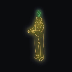 Poster - Neon isometric illustration of businessman checking time on his wristwatch with question mark above his head, showing his doubts and concerns