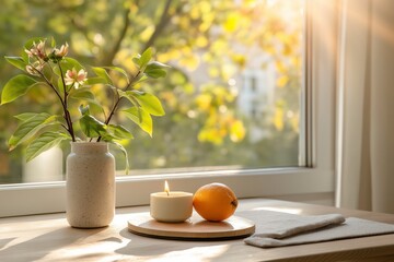 Wall Mural - Peaceful Home Interior with Candle, Orange and Plant by Sunlit Window in Warm, Cozy Atmosphere