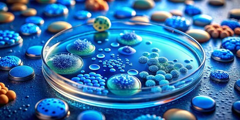 Poster - Microscopic Blue Bacteria Colony in Petri Dish - High-Resolution Stock Photo
