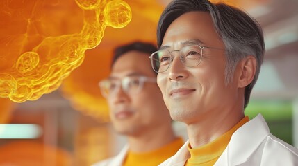 Poster - Scientists in Laboratory with Orange Cells Background, Focused Atmosphere of Research and Discovery