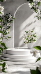 Poster - Delicate white flowers in a pot adorn a sleek pedestal, surrounded by verdant foliage and gentle sunlight filtering through an elegant archway, capturing the essence of springtime beauty