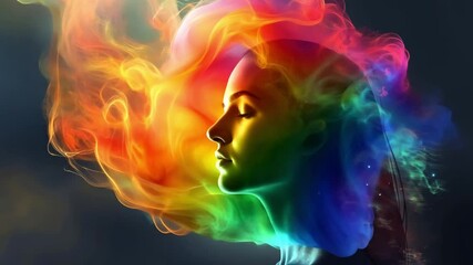 Aufkleber - A captivating display of colorful swirls and shapes emanates from a woman's head, symbolizing creativity and imagination. The artwork blends vivid hues, creating an ethereal atmosphere.