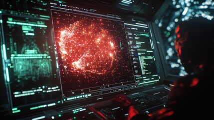 Poster - Cybersecurity expert is analyzing data on multiple computer screens, displaying a world map with highlighted network connections, indicating potential cyber threats or data breaches