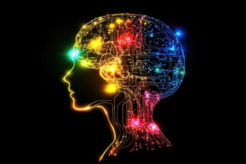 Poster - big data and artificial intelligence concept. human brain glowing from processor,