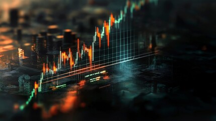 Poster - Abstract financial chart with glowing lines and city skyline in the background for investment growth concept
