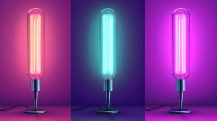 Fototapete - A set of realistic 3D vector illustrations of neon tube lamps in pink, purple, and teal, displayed on a gradient background.