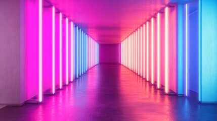 Poster - A sleek, modern space with long neon tubes on the walls, alternating between vibrant magenta and cyan for a nightclub aesthetic.