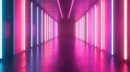 Poster - A sleek, modern space with long neon tubes on the walls, alternating between vibrant magenta and cyan for a nightclub aesthetic.