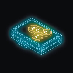 Poster - Neon briefcase securing mongolian togrog coins, representing savings, investment, and financial security in mongolia